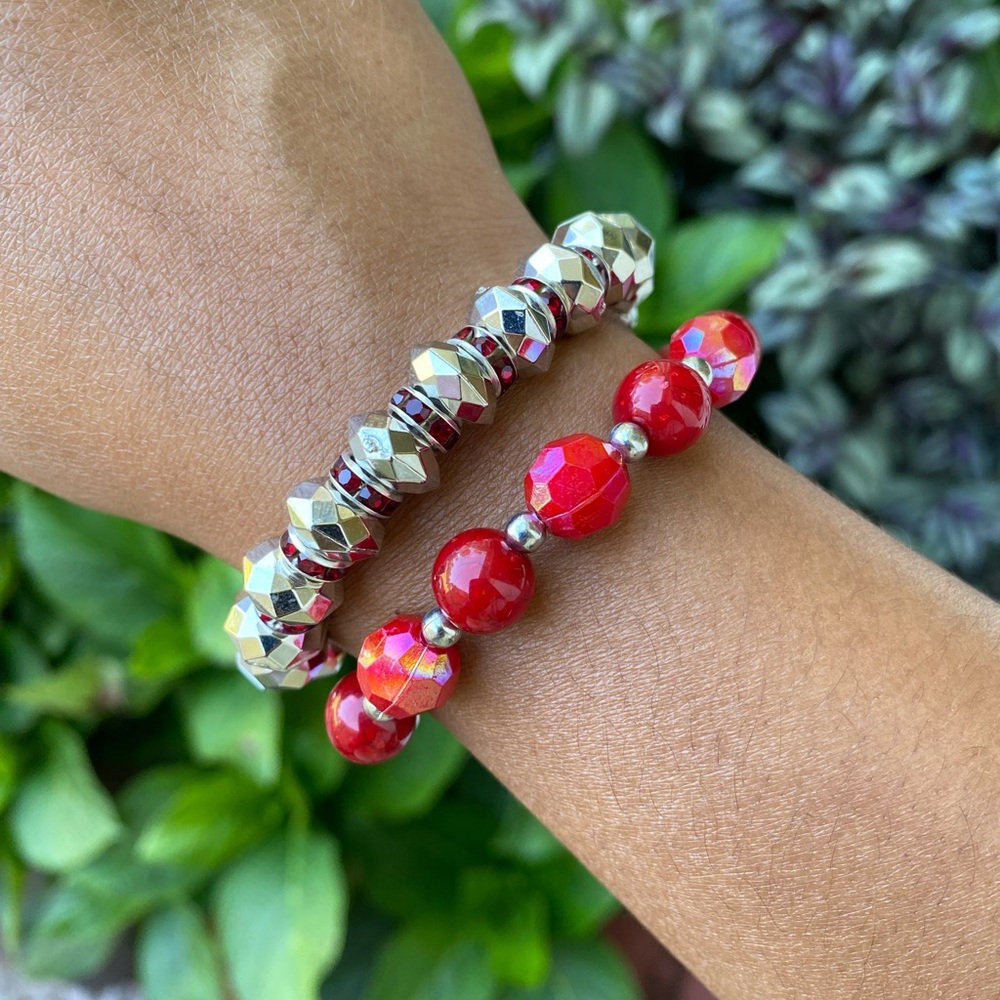 Two piece bracelet set, red bead bracelet